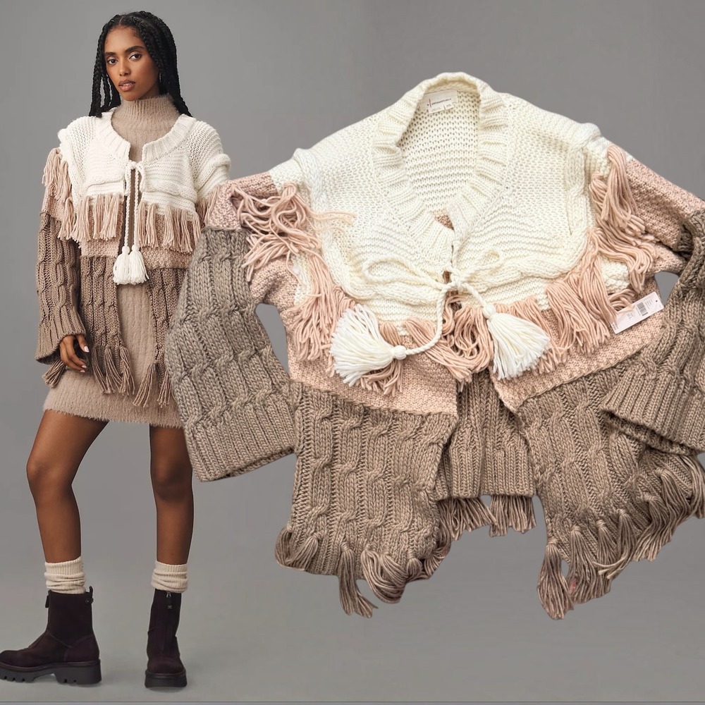 Anthropologie Tasseled Cable-Knit Poncho Sweater Neutral Motif One Size NWT